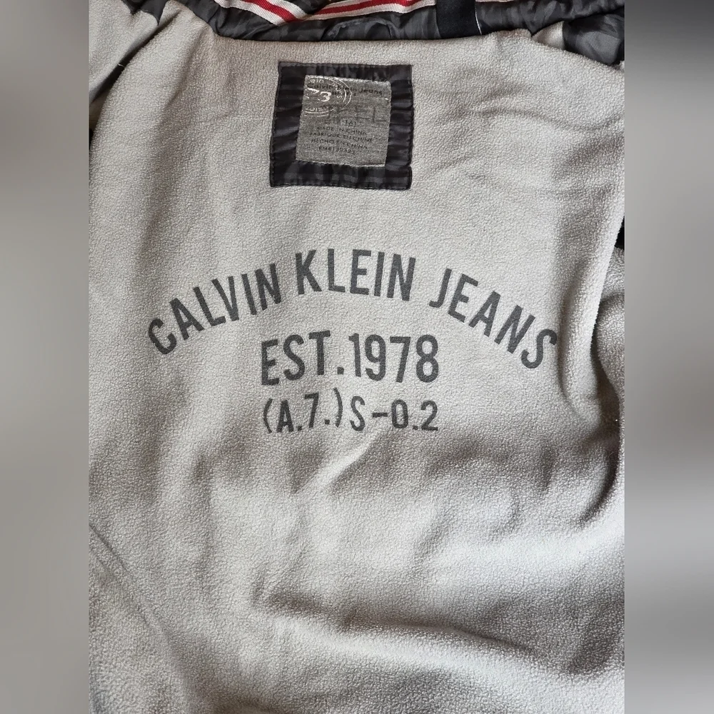Calvin Klein Boys Gray Plaid Puffer Jacket Hooded Fleece Lined L 14-16
